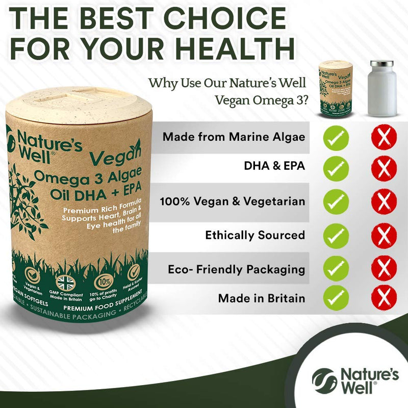 Vegan Omega 3 Algae Oil DHA + EPA, High Concentrate, 60 Vegetarian Capsules, from Sustainable Plant Based Alternative to Fish Oils, Halal & Kosher � Made in The UK by Nature�s Well (Pot) 60 Count (Pack of 1) - BeesActive Australia