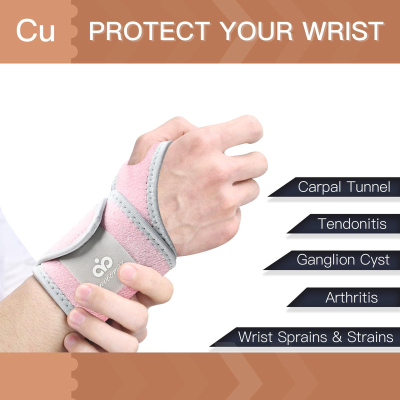 INDEEMAX 2 Pack Copper Wrist Brace Support for Carpal Tunnel, Pain Relief, Arthritis, Tendonitis, Adjustable Wrist Braces Compression Wraps Both Hands, Fit for Men and Women, Pink - BeesActive Australia