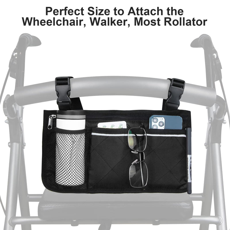 Wheelchair Side Organizer Storage Bag Armrest Pouch with Cup Hold and Reflective Strip, for Most Wheelchairs, Walkers or Rollators (Black) Black - BeesActive Australia