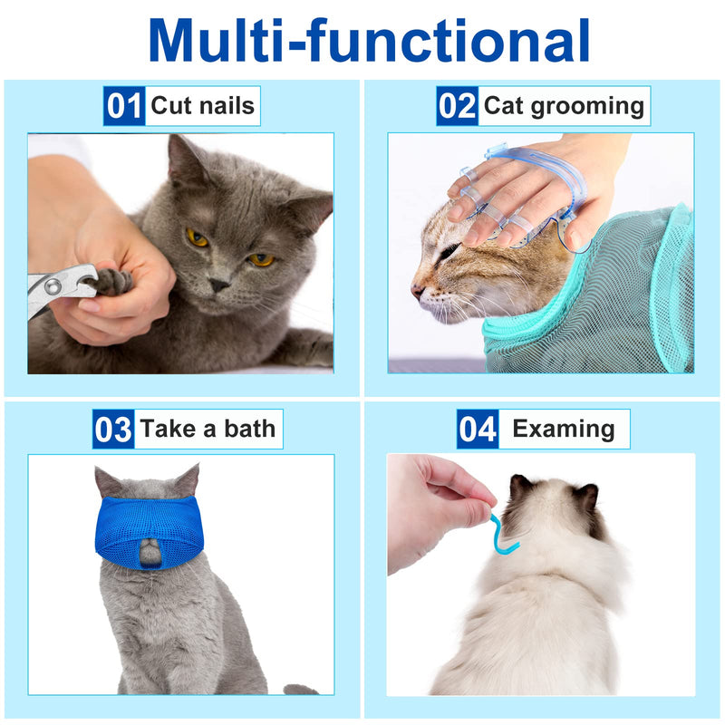 9 Pieces Cat Bathing Bag Set Cat Shower Bag Anti Bite and Anti Scratch Cat Grooming Bag for Pet Washing Brush Comb, Cat Muzzle, Nail Clipper, Nail File, Tick Tool Blue, Turquoise - BeesActive Australia