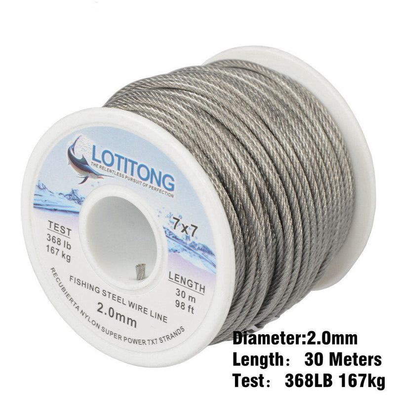 368LB fishing steel wire line 7x7 strands 2.0mm Trace Coating Wire Leader Coating Jigging Wire Lead Fish Jigging Line Fishing Wire Stainless Steel Leader Wire (30 Meters 2.0mm 368 pound Test) - BeesActive Australia