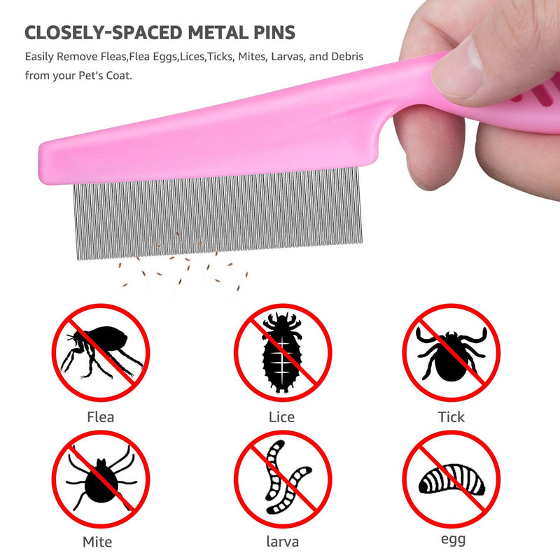 BENSEAO Flea Comb for Cats Dog Comb Lice Comb Metal Teeth Durable Tear Stain Dog Combs Remove Float Hair Combing Tangled Hair Dandruff Pet Comb Grooming Set 3 Pieces Add Storage Pouch (Pink) Pink - BeesActive Australia