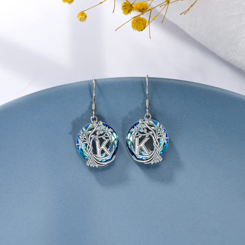TOUPOP Earrings for Women Tree of Life Earrings with A-Z Initial Letter 925 Sterling Silver Hooks Drop Earrings Tree Dangle Earrings with Blue Circle Crystal Birthday Jewelry Gifts for Women Girls Friends K - BeesActive Australia
