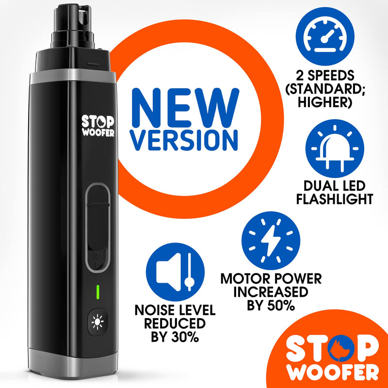 STOPWOOFER Dog Nail Grinder with 2 LED Light for S/M/L Dogs - New Version 2-Speed Powerful Electric Pet Nail Trimmer Quiet Painless Paws Grooming - Rechargeable Pet Nail Grinder for Dogs Black - BeesActive Australia