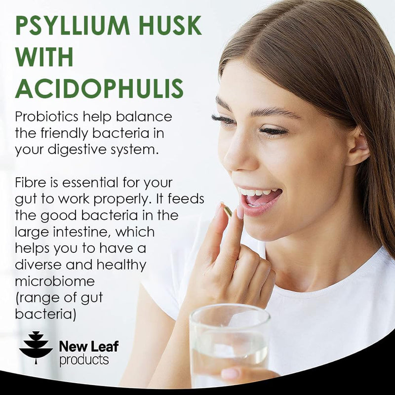 Fibre Supplement 4000mg Psyllium Husk With Probiotic Acidophilus - High Strength - Natural Soluble Fiber Supplement From Plantago Ovata Seeds, 120 Psyllium Husks capsules Vegan, Made in UK by New Leaf - BeesActive Australia