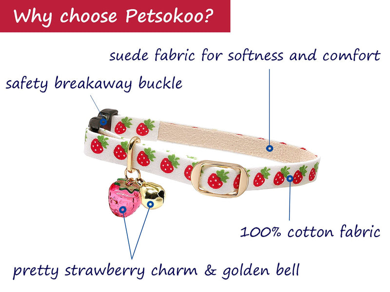 PetSoKoo Cute Cat Collar with Bell and Strawberry Charm.100% Cotton.Safety Breakaway Soft.for Girl Boy Male Female Kitten Collar Medium (8-12 inch,20-31cm) White - BeesActive Australia