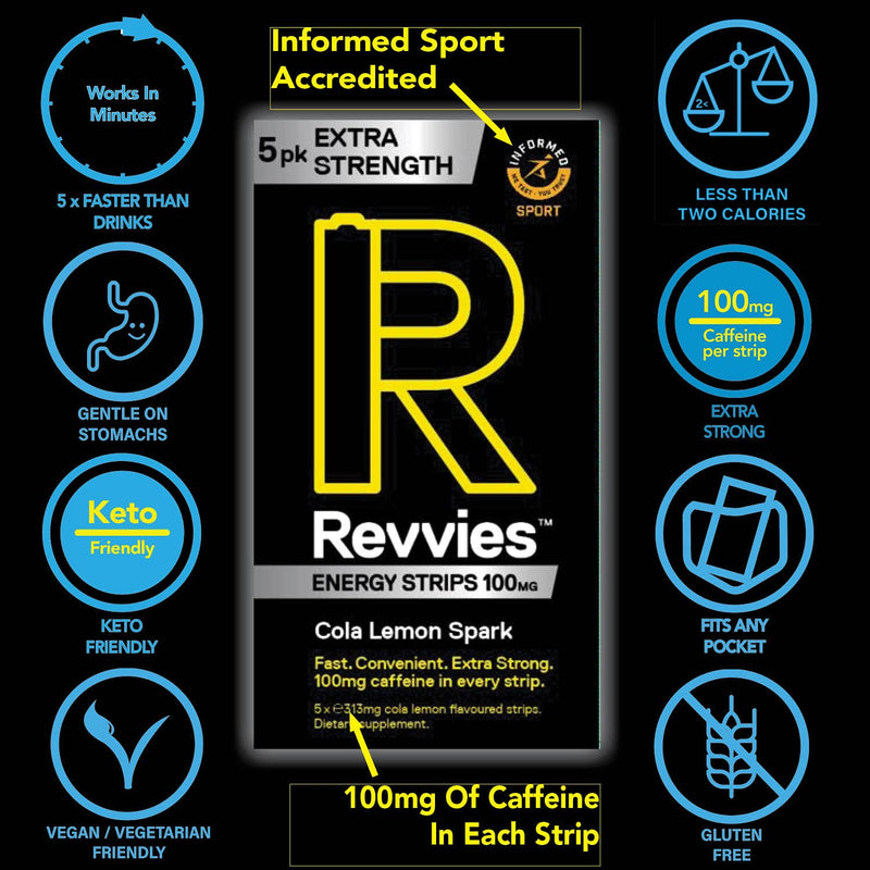 Revvies Extra Strength Energy Strips | Cola Lemon | 100mg of Caffeine per Strip | 10 x 5PK = 50 Strips | 1 Strip = 1.25 x Energy Drink | Less Than 2 Calories | Vegan…… - BeesActive Australia