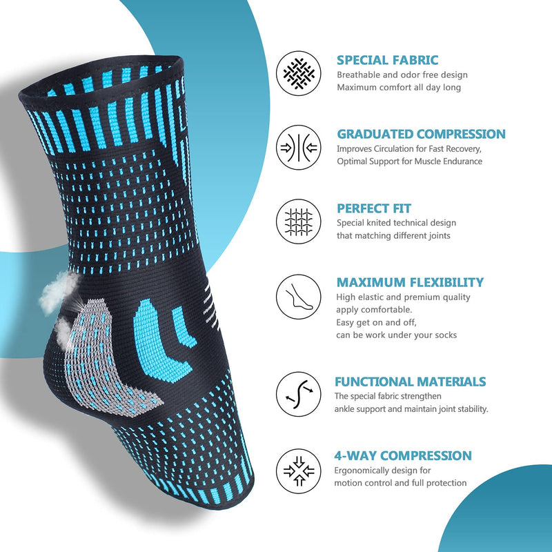 Professional Ankle Support Brace 2 Pack, Breathable Plantar Fasciitis Socks, Anti-Slip Ankle Compression Sleeve Socks for Joint Pain, Ligament Damage, Sprained Ankle, Achilles Tendonitis, Sports M Blue（Pair） - BeesActive Australia