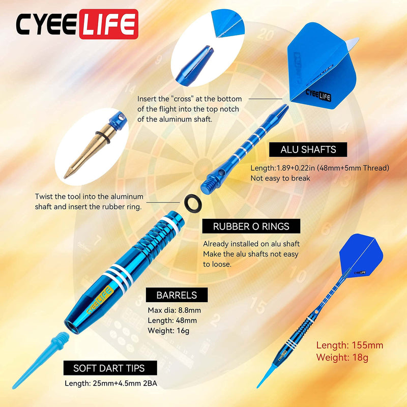 CyeeLife-Steel tip Darts 18g Colorful Barrels,Finger Grip Wax+20 Rubber O Rings+Ring Tool+100 Points+24 Flights(8 Designs)+16 Plastic Protectors+12 Aluminum Shafts+12 Nylon Shafts+Gift Packaging - BeesActive Australia