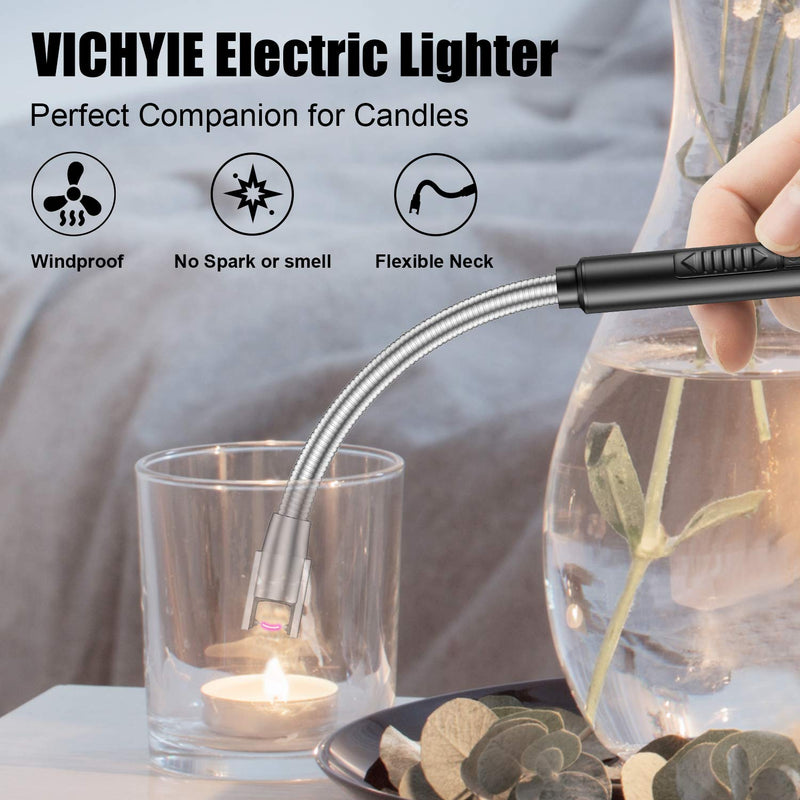 Candle Lighter, VICHYIE Electric Lighter Long with Multi-Protect Safety Systems & Flexible Neck & LED Battery Display Rechargeable Lighter for Scented Candle Camping Cooking BBQs Fireworks(Black) Black - BeesActive Australia