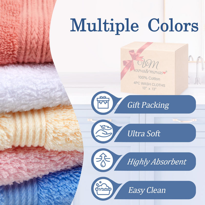 VOOVA & MOVAS Wash Cloths for Your Face and Body,4 Pack (13x13 Inches 650GSM), Blue Washcloths - 4PC - BeesActive Australia