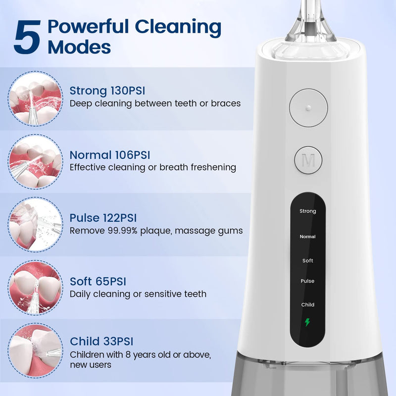 AUIEI Water Flosser for Teeth Cordless Oral Irrigator Portable Dental Teeth Cleaner 300ML 5 Modes Teeth Cleaner Picks USB Rechargeable & IPX7 Waterproof Plaque Removal Tool for Travel Home Use(White) White - BeesActive Australia