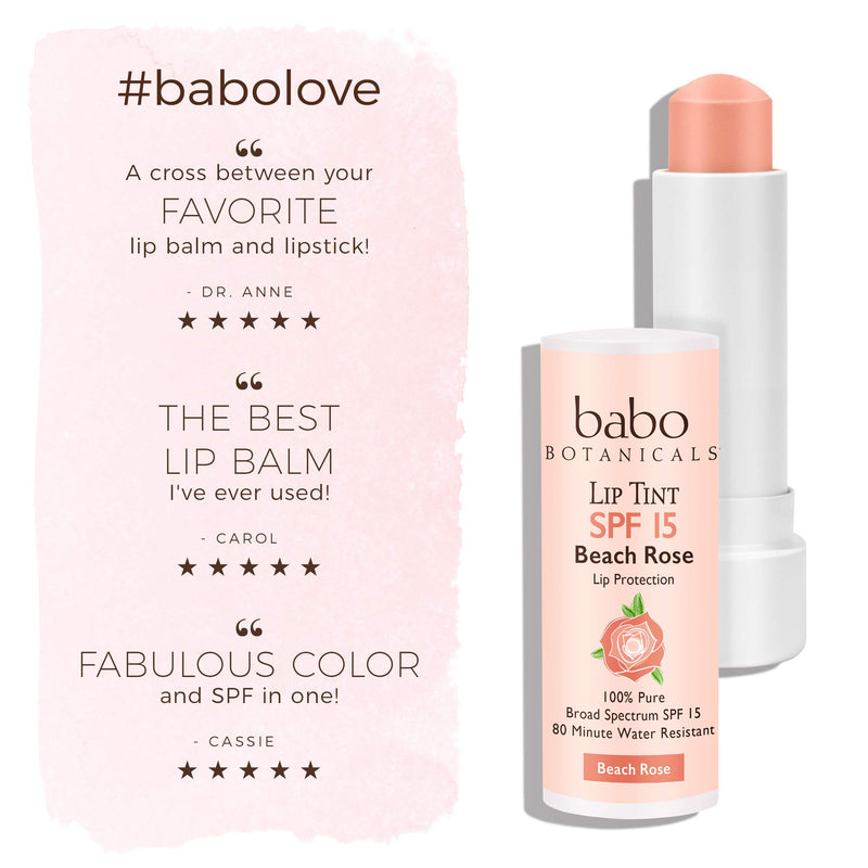 Babo Botanicals 70+% Organic Tinted Mineral Lip Conditioner SPF 15, Water-Resistant Lip Balm, Beach Rose - 0.15 oz. - BeesActive Australia