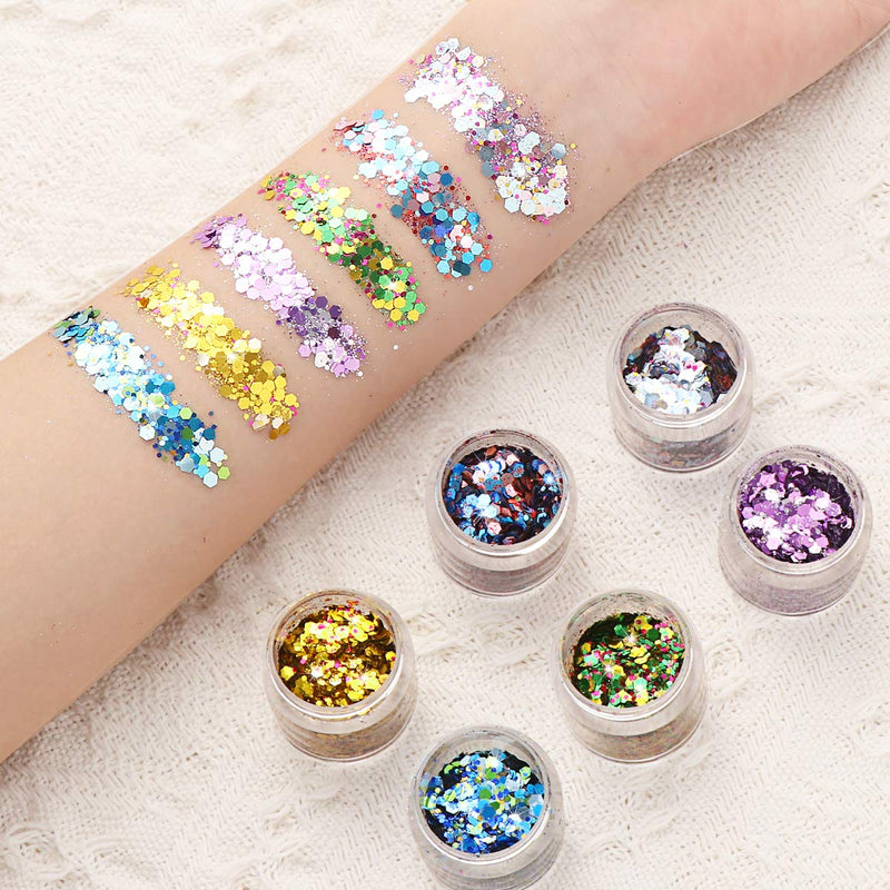 PartyKindom Face Glitter Cosmetic Glitter Body Chunky Glitter with Long Lasting Fix Gel for Eye, Cheeks,Hair, Festival Party -6 Colors - BeesActive Australia