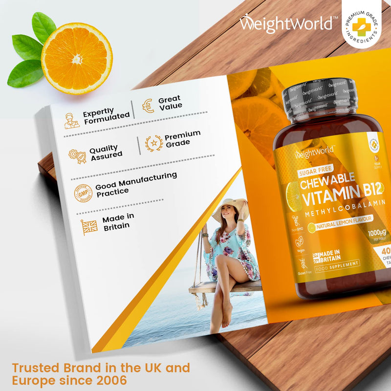Vitamin B12 High Strength 1000mcg - 1+ Year Supply (400 Chewable & Vegan Vitamin B12 Tablets) - Sugar Free methylcobalamin b12 VIT B12 Supplement for Energy - Lemon Flavour - Made in The UK - BeesActive Australia