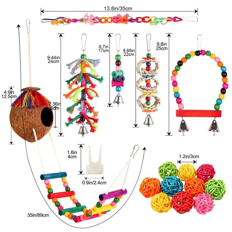 Bird Toys 17 Pcs Bird Parakeet Swing Chewing Hanging Toys Climbing Ladder Coconut Bird Cage Toys Suitable for Cockatiels,Conures,Finches,Budgie,Love Birds - BeesActive Australia