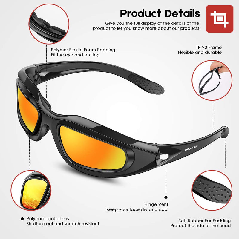 [AUSTRALIA] - BELINOUS Safety Glasses, Polarized Motorcycle Riding Glasses Goggles Sunglasses Accessory for Men Women, 4 in 1 Copper Smoke Clear Yellow Lenses, Black Frame, Cycling Driving Hunting Fishing Shooting Bright Black 