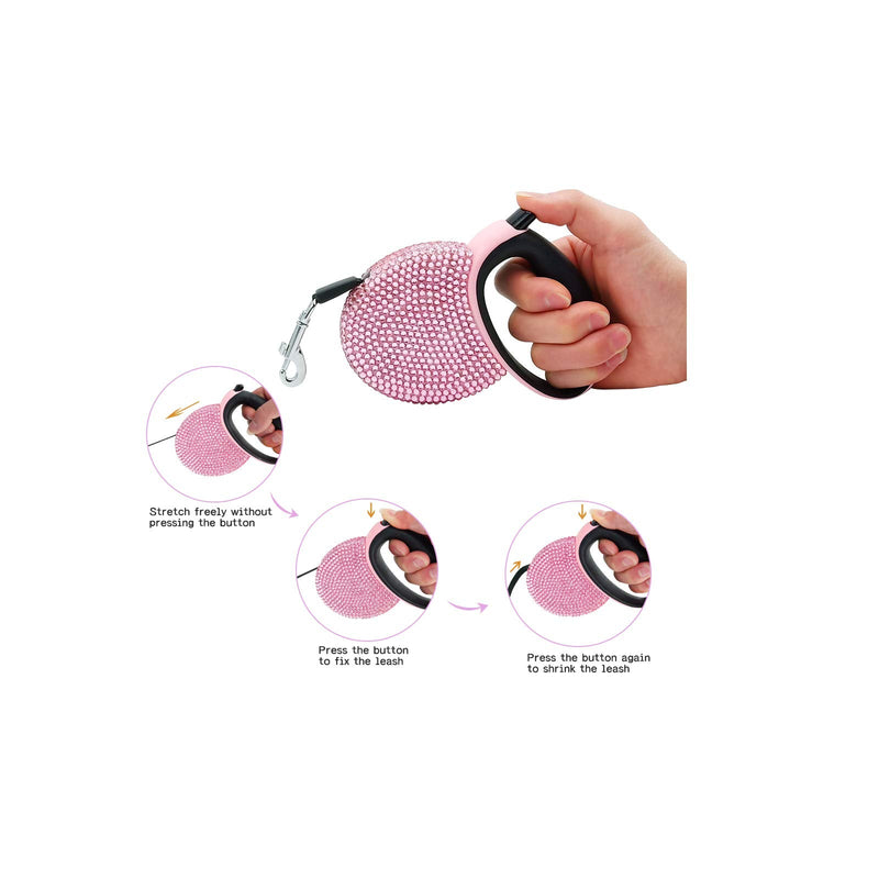 Triumilynn Rhinestone Retractable Dog Leash Bling 10ft, Cat Walking Leash Pink for Small Breed, Gift Waste Bags Dispenser Included, 360° Tangle-Free - BeesActive Australia