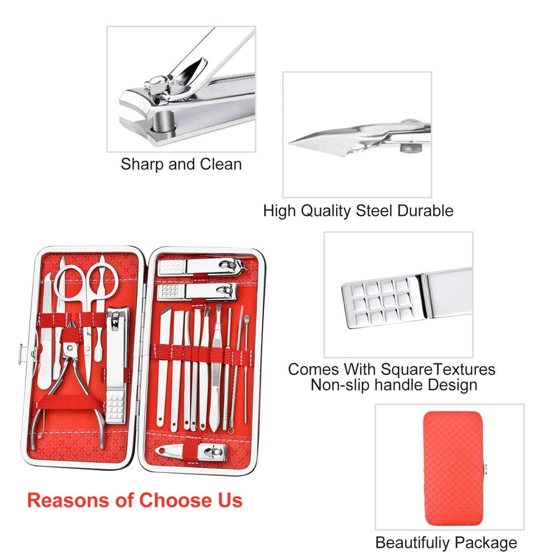 Manicure Set CHENYBNH Stainless Steel Nail Clippers 18 in 1 Professional Pedicure Kit for Woman & Man, Nail Care Tools with Luxurious Case(RED) - BeesActive Australia