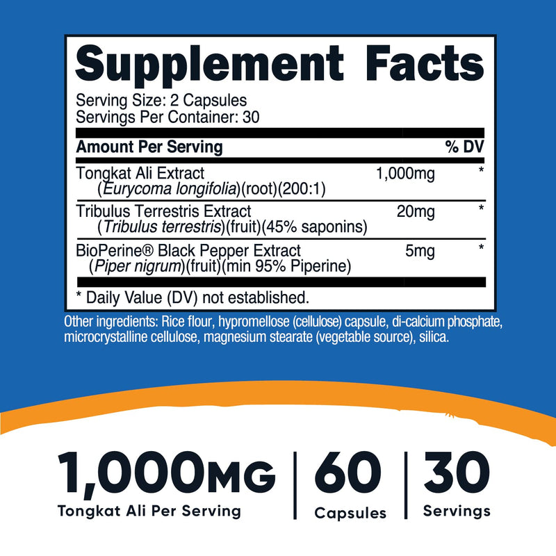 Nutricost Tongkat Ali 1,000mg 60 Capsules - with Tribulus Terrestris and BioPerine, Vegetarian Caps, Non-GMO, Gluten Free, Potent Extract 60 Count (Pack of 1) - BeesActive Australia