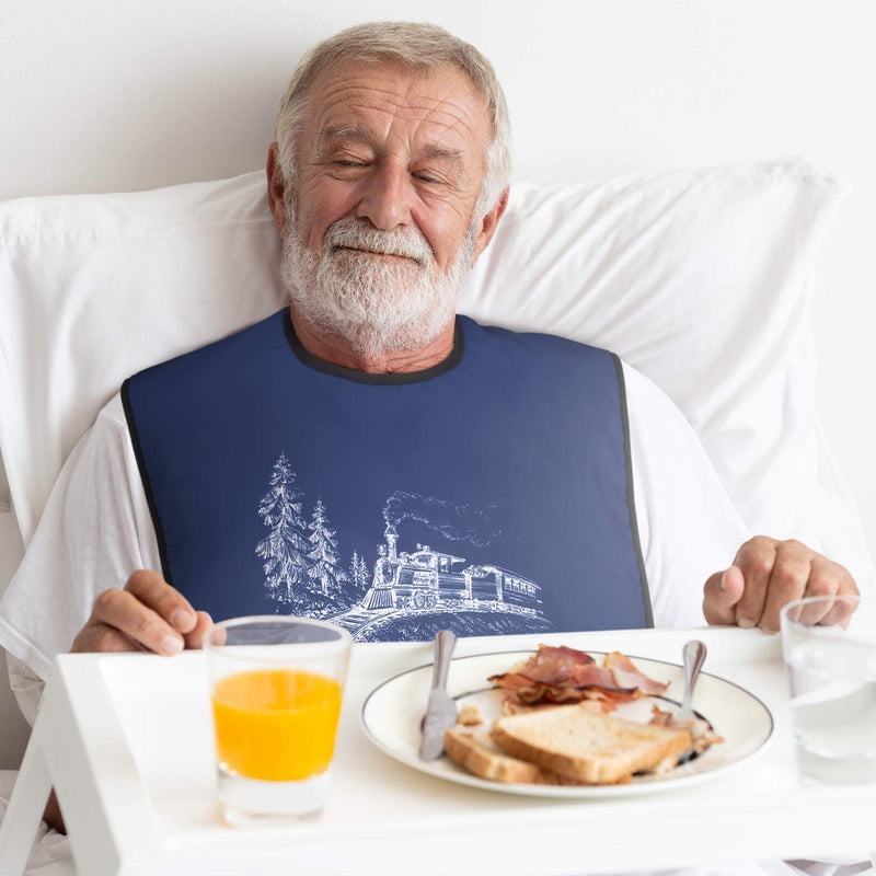 Classic Bib Designs Adult Bibs for Eating: Reusable with Crumb Catcher Pocket - For Men and Women 3 Pack (Variety) - Steam Train - BeesActive Australia
