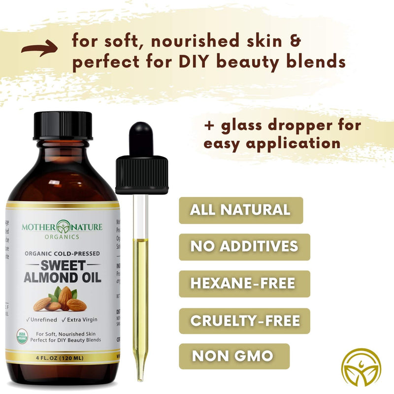 Organic Sweet Almond Oil - Extra Virgin & Cold-Pressed Almond Oil for Skin, Body & Hair (4 Oz) - Powerful Moisturizer for Scars, Nails, Hair Growth, Wrinkles & Dark Spots - Non-GMO & Cruelty-Free 4 Fl Oz (Pack of 1) - BeesActive Australia