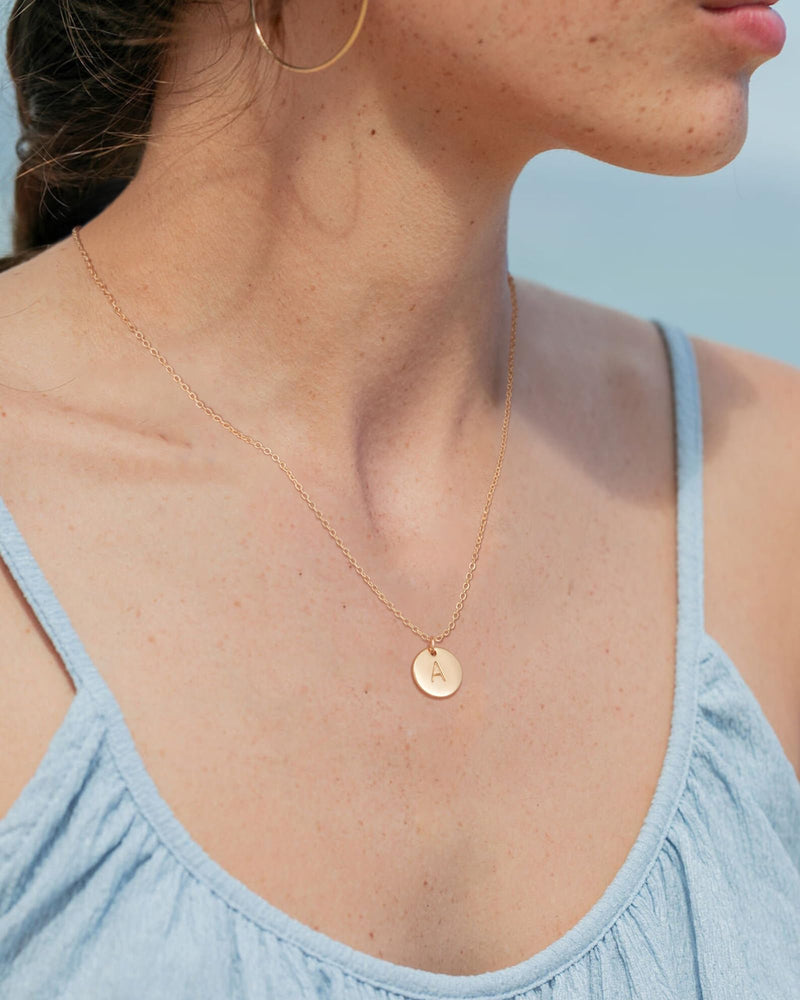 Bemoly Initial Necklace for Women Round 11MM Coin Disc Double Side Engraved Letter A-Z Hammered Pendant 14K Gold Plated Personalized Alphabet Birthday Jewelry 17.5" - BeesActive Australia