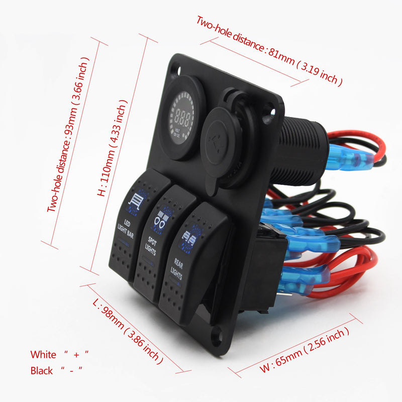 [AUSTRALIA] - Switch Panel, FABOOD 3 Gang Waterproof Rocker Switches Panel with DC 12V Digital Voltmeter / 3.1A Dual USB and 3 LED Lights Switchs for Marine Boat Car RV 