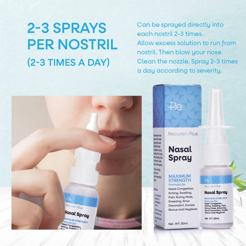 Recuren Plus Nasal Spray for Nasal Congestion, Itching, Swelling, Pain, Runny Nose, Sneezing, Sinus Discomfort, Excess Mucus and Hayfever(20ml) - BeesActive Australia
