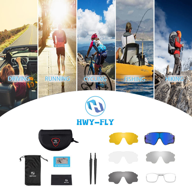 H HWY-FLY Polarized Cycling Glasses, Polarized Sports Sunglasses with 5 Interchangeable Lenses UV Protection for Mens Womens TR90 Cycling Glasses, Cycling, Baseball, Fishing, Ski Running, Golf (Blue) - BeesActive Australia