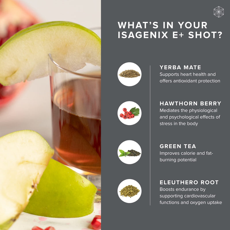 Isagenix E+ - Liquid Energy Shot with Plant-Based Caffeine & Adaptogenic Botanical Blend - Support Endurance with Flavored Energy Shot - Apple Pomegranate - 2 Oz Bottles (6 Pack) - BeesActive Australia
