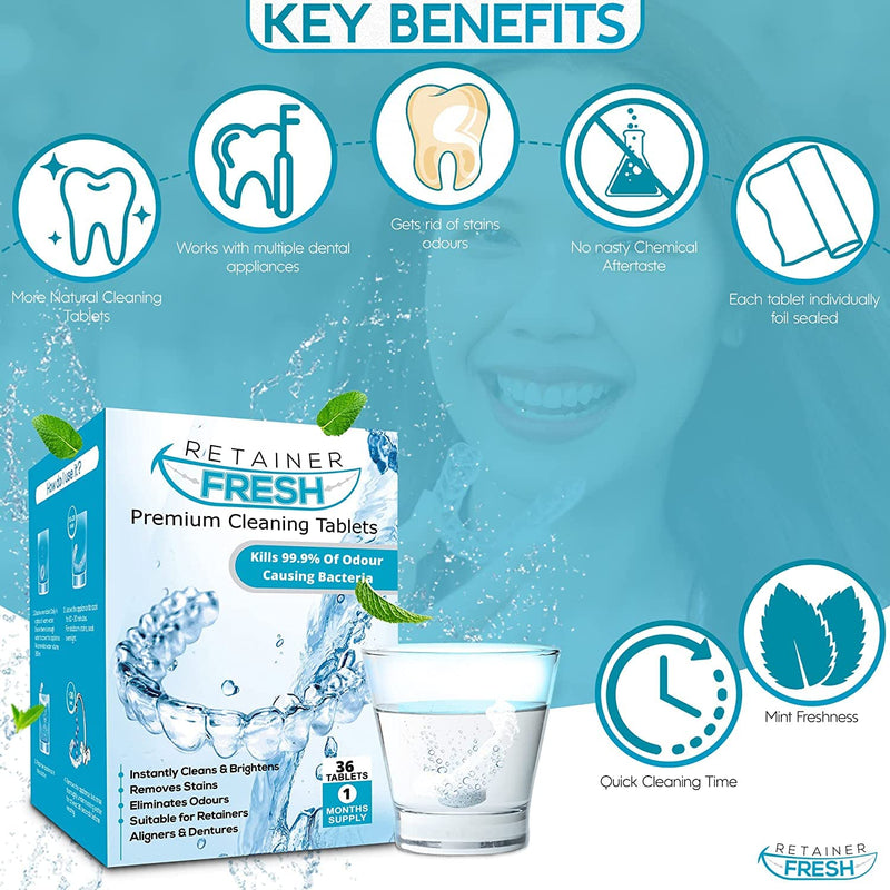 Retainer Cleaning Tablets - 120 Tablets 4 Months Supply Retainer Fresh, Brite, and Stain-Free - Retainer Cleaner Tablet, Mouth Guard, Dentures, Aligners 120 Count (Pack of 1) - BeesActive Australia
