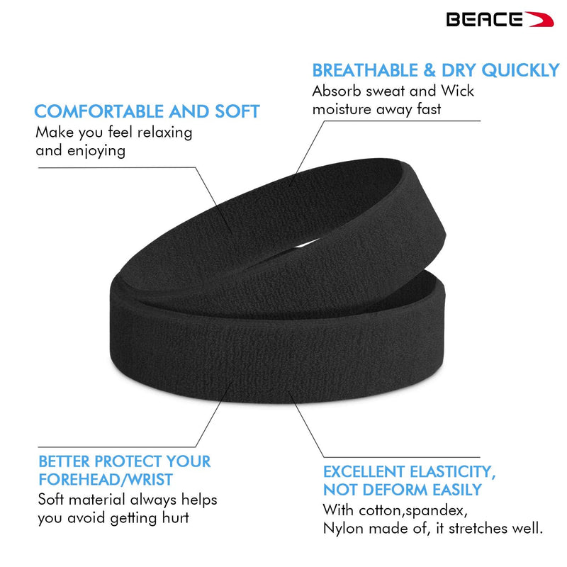 BEACE Sweatbands Sports Headband for Men & Women - Moisture Wicking Athletic Cotton Terry Cloth Sweatband for Tennis, Basketball, Running, Gym, Working Out Black - BeesActive Australia