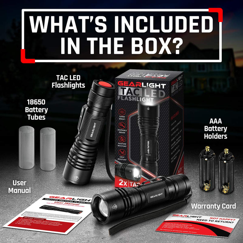 GearLight Tac LED Tactical Flashlight [2 Pack] - Single Mode, High Lumen, Zoomable, Water Resistant, Flash Light - Camping Accessories, Emergency Gear, Flashlights with Clip - BeesActive Australia