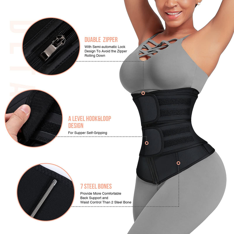 Wonder-Beauty Waist Trainer for Women Plus Size 2 Straps 7 Bones Workout Sauna Trimmer Neoprene Exercise Corset Black 3X-Large - BeesActive Australia