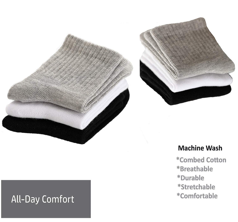Oohmy Boys Socks 12 Packs Fit for 2-12 Years Old Boys and Girls Cotton Athletic Ankle Socks for Toddler Kids and Big Kids Large Assorted(white+black+gray) - BeesActive Australia