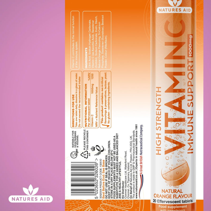 Natures Aid Aid 1000mg Vitamin C Effervescent - Pack of 20 Tablets Vitamin C Effervescent, 20 Tablets - BeesActive Australia