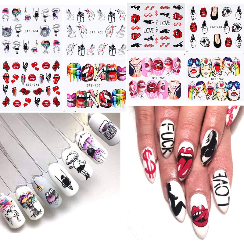 Nail Stickers Nail Art Accessories Decals for Women Sexy Lips Cool Girl Rose Nail Art Stickers Manicure Water Transfer Nail Applique Tip Charms 9 Sheets - BeesActive Australia