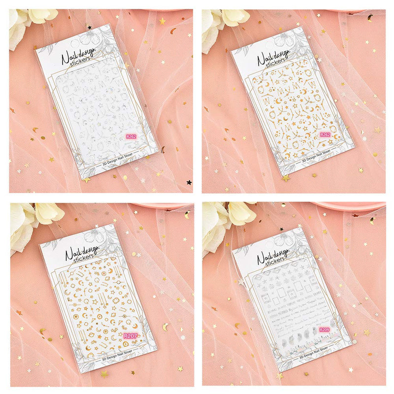 MONIKA Selected 10 Sheets Senior Designer Design Self-Adhesive Moon and Star Nail Stickers for Women3D,Metallic Nail Decals Gold Silver Geometry Stars Moon Love Heart Planet Glitter Nail Art Design(Set 2) - BeesActive Australia