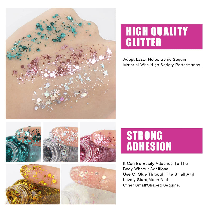 2PC Sliver Face Glitter Festival with Glue Hair Chunky Glitter Gel for Cosmetic Face Hair Body Nails Makeup Long Lasting Sparkling 60g 01 Sliver - BeesActive Australia