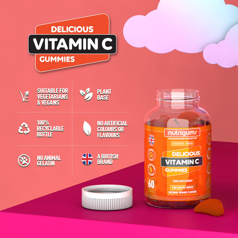 Vitamin C | 60 Orange Flavour Gummies | Two Month Supply | Immune, Energy & Collagen Formation Support | Vegan Suitable by NUTRIGUMS� - BeesActive Australia