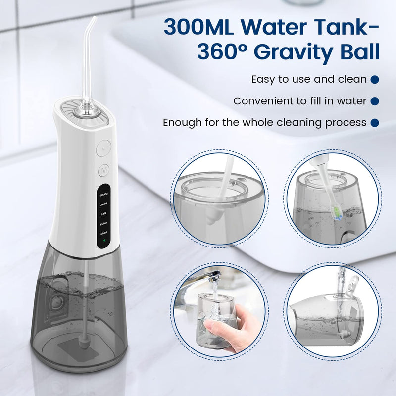 AUIEI Water Flosser for Teeth Cordless Oral Irrigator Portable Dental Teeth Cleaner 300ML 5 Modes Teeth Cleaner Picks USB Rechargeable & IPX7 Waterproof Plaque Removal Tool for Travel Home Use(White) White - BeesActive Australia