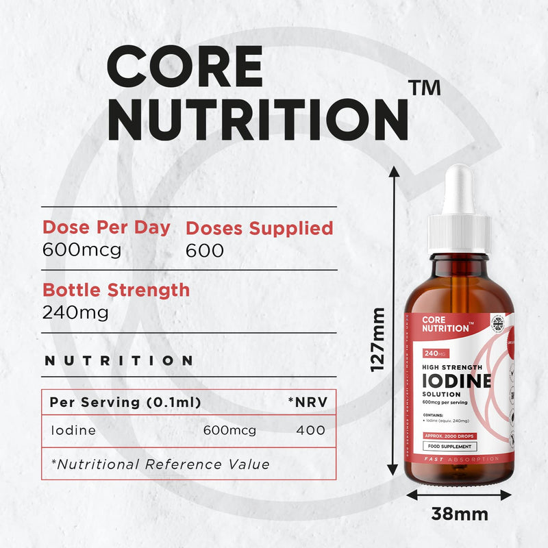 Iodine Liquid Drops - Vegan - High Strength 600mcg per Serving - 400 Servings - 240,000mcg per 60ml Dropper Bottle - Liquid Iodine Solution for Fast Absorption - Made in UK by Core Nutrition - BeesActive Australia