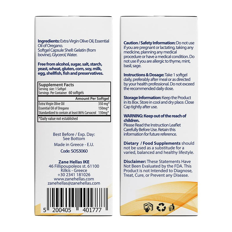 130 mg Carvacrol - 150 mg Oregano Oil per Softgel. World Highest Concentration Oregano Oil Capsule. Zane Hellas Oregano Oil. Softgel Contains 30% Greek Essential Oil of Oregano. 120 Softgels. - BeesActive Australia