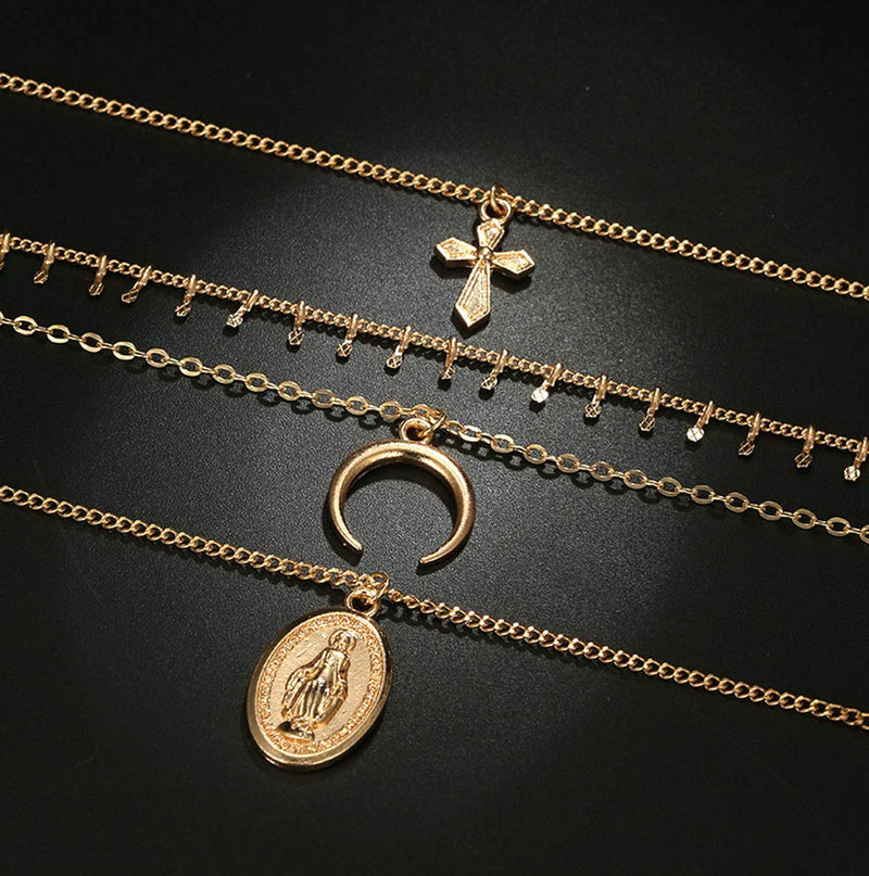 Jovono Gold Cross Choker Necklace Multilayered Crescent Moon Jesus Pendant Necklace Jewelry Chain for Women and Girls - BeesActive Australia