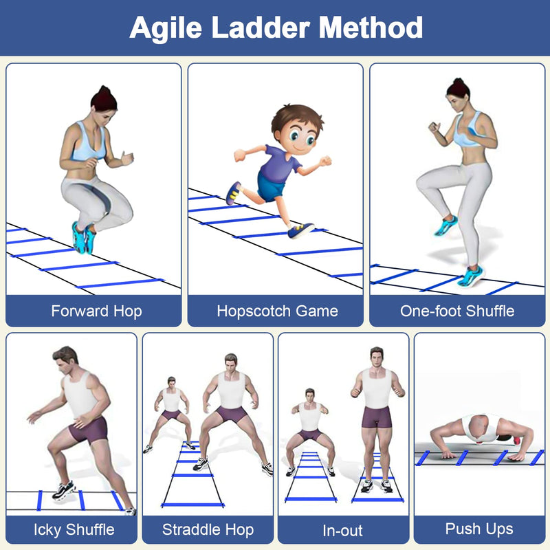 DIKAKO Agility Ladder - 20ft 12 Rung Agility Ladder Speed Training Equipment, Kids and Adult Speed Ladder for Football, Basketball, Fitness Training - Included Carry Bag and 4 Steel Stakes Blue - BeesActive Australia