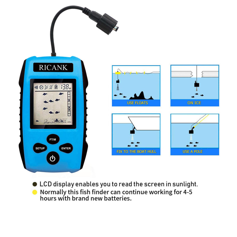 RICANK Portable Fish Finder, Contour Readout Handheld Fishfinder Depth readout 3ft(1m) to 328ft (100m) with Sonar Sensor Transducer and LCD Display 5 Modes Sensitivity Options Fish Depth Finder Blue - BeesActive Australia