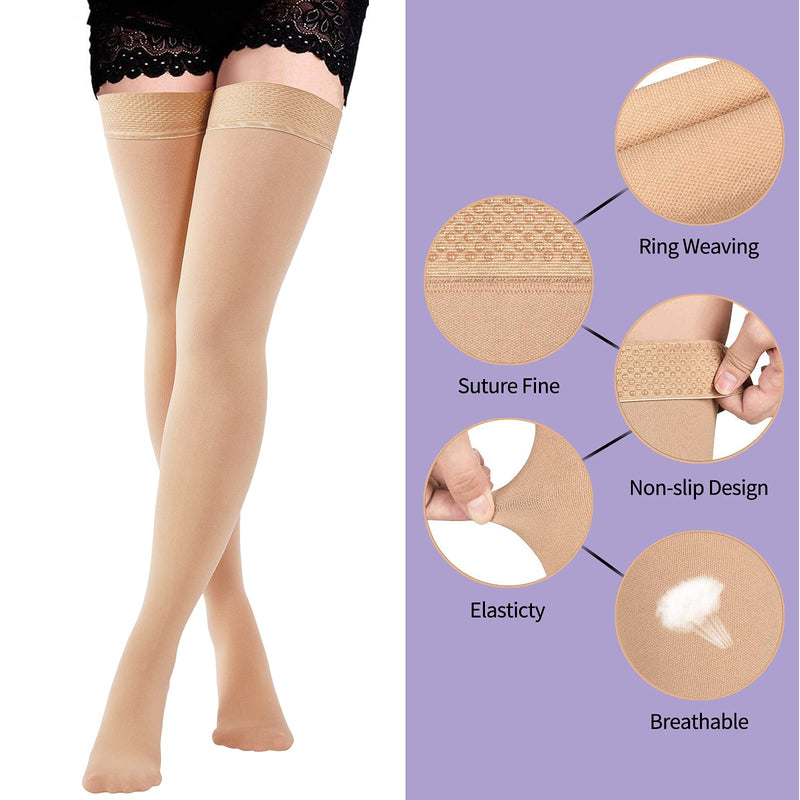 Evolyline Thigh High Compression Stockings for Women & Men 20-30 mmHg, Medical Closed Toe Firm Graduated Support Compression Socks for Varicose Veins, Edema, Flight Running Flying Pregnancy Travel Beige XL - BeesActive Australia