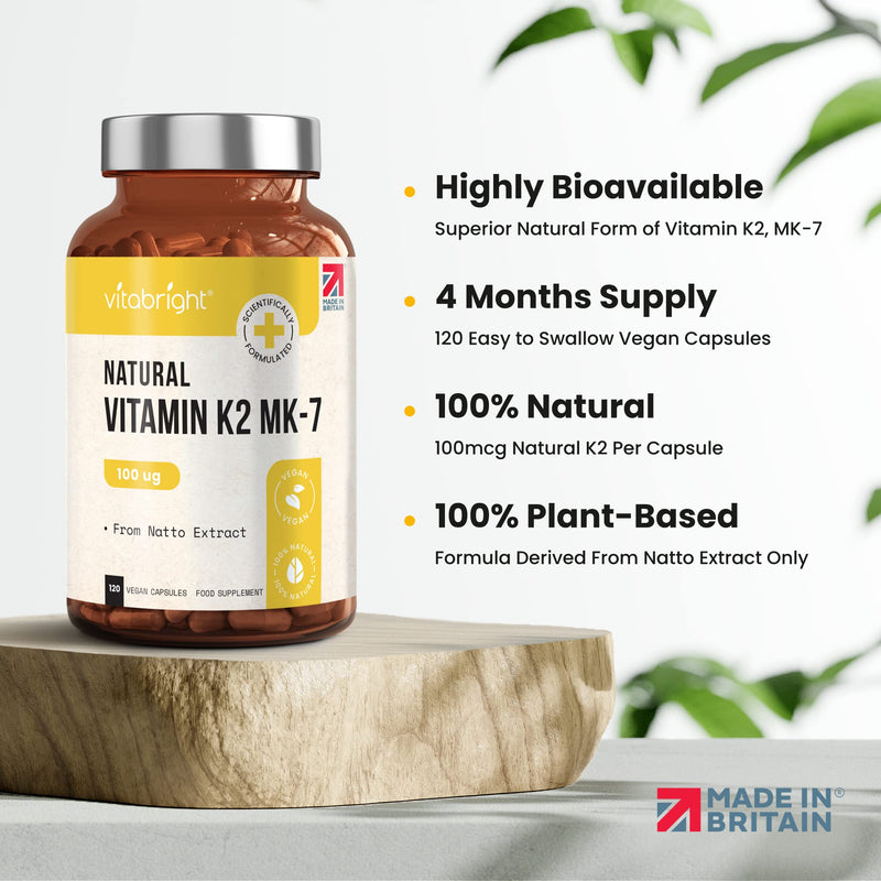 Vitamin K2 MK-7 - Optimal Strength 100mcg - from Natto - Sourced from Plant-Based Natural Ingredients - 120 Easy to Swallow Vegan Capsules (Not Tablets) - Menaquinone-7 - Made in UK by VitaBright - BeesActive Australia