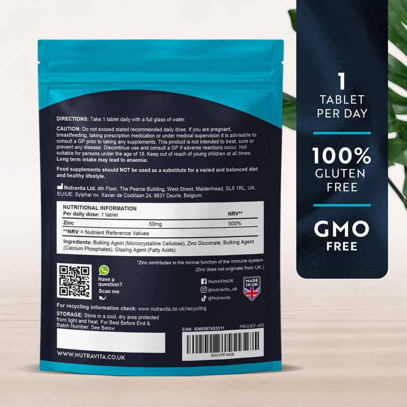 Zinc Tablets 50mg � 120 High Strength Vegan Tablets (4 Months Supply) � Highly Absorbable Zinc Supplements for Maintenance of Normal Immune System, Bones, Hair, Skin & Nails � Made in UK by Nutravita - BeesActive Australia